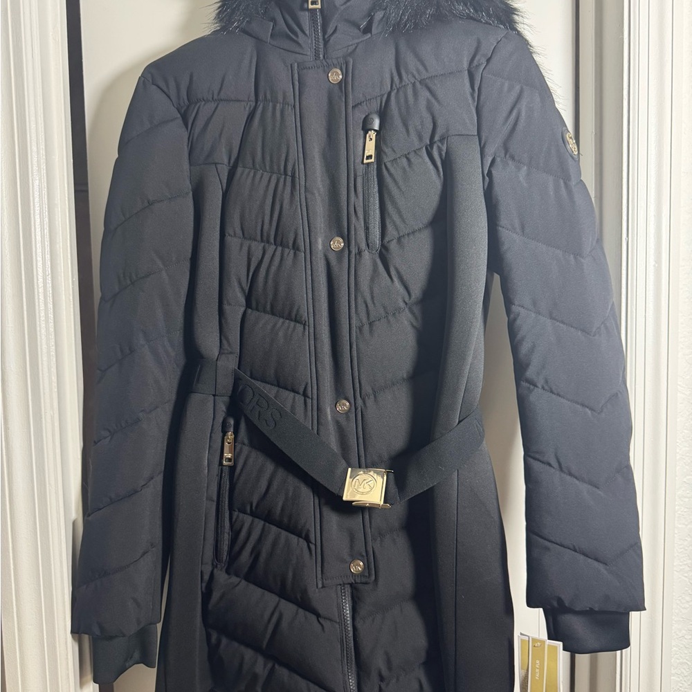 Black Quilted Women's Coat with Fur Hood